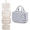 Narwey Beauty Case da Appendere Viaggio, Beauty Case da Appendere per Donna Uomo,Borsa da Toilette da Travel Kit Viaggio, Trousse Pochette Trucchi Donna per Viaggio (Scacchiere Blu Grigiastro (Medio))