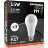 Eurocali 3 x Lampadine LED E27 15W Opaca (1521 lumen equivalenti a 100W) - Forma: Goccia A65 - Luce Bianco Freddo 6500K - Fascio Luminoso 200°
