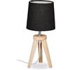 Relaxdays Lampada da Tavolo con Tripode, Legno e Stoffa, Abat-Jour Design Scandinavo, E14, 31x14 cm, Nero Marrone Chiaro