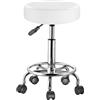 BAKAJI Sgabello con ruote rotondo, Seduta in Ecopelle e Base Acciaio Girevole a 360°, Altezza Regolabile, Imbottitura con spessore da 10 cm, Ideale per Bar, Casa, Estetista, Studio medico (Bianco)