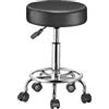 BAKAJI Sgabello con ruote rotondo, Seduta in Ecopelle e Base Acciaio Girevole a 360°, Altezza Regolabile, Imbottitura con spessore da 10 cm, Ideale per Bar, Casa, Estetista, Studio medico (Nero)