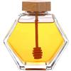 ericotry 1PCS Barattolo di Miele in Vetro Vuoto a Forma Esagonale Bottiglia di Imballaggio con Mestolo in Legno e Coperchio in Sughero per la Cucina di Casa Stoccaggio Sciroppi (380ml/12.8oz)