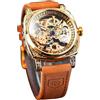 FORSINING Orologio da polso da uomo, alla moda, classico, scheletrato, quadrato, quadrante trasparente, automatico, meccanico, in pelle, luminoso, impermeabile, Oro 1., Cinturino