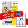 Avery Etichette bianche rimovibili Avery laser/inkjet 27 et./foglio conf.25+5 ff OMAGGIO 63,5x29,6 mm - L4737REV-30P