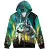 GLUDEAR Felpa con cappuccio unisex con stampa digitale 3D realistica e zip intera, Lupo verde della foresta Aurora, XX-Large