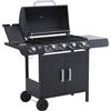 Outsunny Barbecue a Gas a 5 Fornelli con Ripiani Laterali e Armadietto, in Acciaio e PP, 125x51x100 cm, Nero