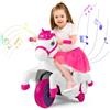 RELAX4LIFE Giocattolo Cavallo a Dondolo Unicornio 12V per Bambini, Auto Elettrica con Ruote di Supporto, Musica e Display LED della Batteria, Cavallo Motorizzato Divertente (ROSA)