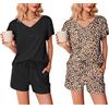 Ekouaer Pigiama Estivo Donna Corto Leggero Confezione da 2 Maniche Arricciate Scollo a V, Nero + Stampa Leopardata, M
