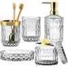 TBRFP Set di accessori da bagno in vetro, 5 pezzi trasparenti: dispenser per lozione, portasapone, portaspazzolini, bicchiere, barattoli per cotton fioc, regalo in cristallo