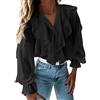 QWUVEDS Volant tinta unita con scollo a V, elegante camicetta con maniche a sbuffo per donne camicie sexy, Nero , L