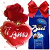 NARAMAKI Baci Perugina Regalo - Festa della Mamma 2025 - Cuore Cuscino Con Scritta 20 cm + Bag Baci Perugina 125gr + Rosa Rossa Artificiale