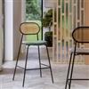 DEGHI Sgabello in tessuto verde con schienale in rattan naturale - Sadie