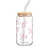 Cosmeria Elegante bicchiere in vetro da 16 oz con coperchio e cannuccia, design Coquette Bow, versatile per caffè, cocktail e altro ancora