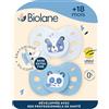 BIOLANE - Tettarelle anatomiche animali- Ciuccio extra sottile- 18 mesi in +- Blu bicolore- Tetella piatta e reversibile- Comfort ottimale- Rispetto per lo sviluppo orale