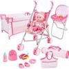 deAO Bambola Bebé Giocattolo Set - 30CM Bambola con Reborn Seggiolone, Culla per Bambole, Passeggino per Bambole e Borsa da Viaggio per Bambini 3+ Role Play
