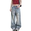 Generic Pantaloni da donna in denim a vita alta pantaloni a gamba larga stile coreano jeans strappati High Street, Blu, L