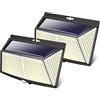 LOTMOS Luce Solare LED Esterno, 2 Pezzi 308 LED Faretti Solari a Led da Esterno 3 Modalità Lampada da Esterno con Sensore di Movimento IP65 Impermeabile per Giardino, Parete Wireless Risparmio Energetico