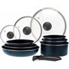 Sitram 714251 - Set di pentole in alluminio blu, 10 pezzi, manico rimovibile, 3 padelle Ø 20,24,5 cm, 3 pentole Ø 16,18 cm, 3 coperchi in vetro diametro 16,20 cm, adatto a tutti