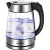 Aigostar Bollitore Elettrico in Vetro Acciaio Inox 1,7 Litri - Bollitura Rapida Electric Kettle 2200W, illuminazione a LED, Vetro Borosilicato, Senza BPA, Filtro Anticalcare, Spegnimento Automatico