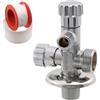 AERZETIX - C74959 - Valvola ad angolo a doppia uscita 1/2x3/4x3/8 + rosetta e guarnizione in PTFE - in ottone - finitura nichelata - raccordo rubinetto acqua potabile sanitaria lavello bagno cucina