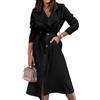 Suncadmious Trench da Donna Lungo Doppio Petto Primavera Autunno Moda Classico Risvolto Cappotto Capispalla con Cintura (Nero,S)