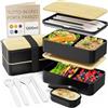 Umami Porta Pranzo Lunch Box Ermetico 4 Scomparti e Posate, Sicuro per Microonde, Lavastoviglie, Portapranzo Ufficio Bento Lunchbox Prova di Perdite per Adulti Schiscetta Pranzo, Nero E Beige, 1200 ml