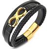COOLSTEELANDBEYOND Uomo Donna Colore Oro Infinito Amore Eterno Numero 8 Tre Filoni Nero Intrecciata Bracciale di Cuoio, Braccialetto Pellei