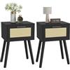 YMYNY Set di 2 Comodini, Tavolino con Cassetto decorato in rattan fatto a mano, Maniglia magnetica, Gambe di legno massiccio, 35×27×53cm, Comodino per Camera da Letto, Soggiorno, Nero HST010B-2
