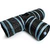 igadgitz Home U6979 - Tunnel Gatto Tunnel a 3 Vie Cat Tunnel Pieghevole per Animali Domestici Tubo Coniglio con Palla Appesa - Casa/Fuori - Nero/Nastro Blu