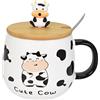 KYSUN Tazzine da Caffè in Ceramica con Coperchio in Legno 480ml, Carina Mucca in Ceramica Set Divertente Tazza da Caffè, per Latte Tè Caffè per il Campeggio, Bianco