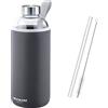 Westmark 527422EA - Borraccia in vetro con custodia protettiva 1000 ml + 1 cannuccia in vetro 21 cm + 1 spazzola di pulizia vetro/silicone/gomma senza BPA Viva antracite/argento/trasparente
