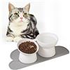 HCHLQLZ Ciotola Cibo e Acqua Gatto - Set Ciotole Gatti Rialzate con Tappetino Antiscivolo - Ciotola Gatto Ceramica Rialzata Inclinata - Scodella Doppia Gatto Anti Vomito - Scodelle per Gatti Alte - 3 pezzi