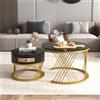Goeria Tavolino rotondo 2 in 1 in MDF, tavolino con piano in marmo e cassetti in rattan sintetico, piedini in ferro dorato, manici in legno massello 70 x 70 x 45,5 + 50 x 50 x 38,5 cm