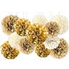 HhBdy 12 Pcs Pon Pon in Carta Velina Color Oro 4 Colori - Pompon in 3 Misure per Feste, Fiori Decorativi - Adatto per Matrimoni e Anniversari