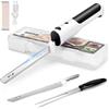 PAHTTO Coltello elettrico per affettare carne pane verdura frutta, coltello da cucina affettapane a batteria con doppie lame in acciaio inox incluso scatola, forchetta e tagliere pieghevole
