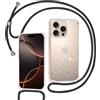 Tikgue Cover per iPhone 16 Pro, Custodia con Cordino Silicone Glitter Brillantini Trasparente Morbida Cover con Collana Sottile Protettiva Bumper Antiurto TPU Case - Nero
