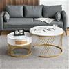 PD1 Set di 2 Tavolini da Salotto Moderni Sovrapponibili in MDF con Finitura Marmo e Cassetti in Rattan Sintetico, 71x71x46 cm + 50x50x38 cm, Bianco