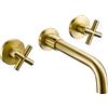 VALAZ Rubinetto Bagno Lavabo a Muro Dorato Spazzolato Protezione PVD | Rubinetto lavabo a Due Maniglie Acqua Fredda e Calda | Installazione Facile | Ottone, Inox, Inossidabile, Becco 21cm, Serie Nalon