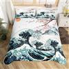 Homewish Set di biancheria da letto per letto singolo con copripiumino con motivo floreale di ciliegio e montagna Fuji con onde del mare giapponese, sole rosso, bianco, gru, uccello, trapunta, per
