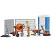 bruder 62008 - Set da cantiere Bworld con operaio edile, piastra vibrante, macchina miscelatrice, toilette, recinzione da cantiere, accessori da cantiere, costruzione di strade, veicoli da costruzione