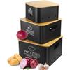 Otauoaea Porta Patate Cipolle Aglio - Set di 3 Contenitore Patate e Cipolle e Aglio - Porta Patate Cucina con Coperchio in Bamboo e Fori di Ventilazione - Contenitori Salvaspazio Cucina - Nero