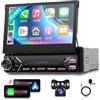 Hodozzy 2GB 64GB GPS Autoradio Android 1 Din con Schermo Retrattile con Carplay Wireless Android Auto,7 Pollici Touchscreen Stereo Auto 1 DIN Bluetooth Radio,Navigazione,WiFi,USB/AUX/EQ/RDS/FM+camera