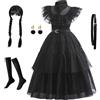 keaiyouhuo Halloween Costume Girl Dress per Bambini Abito Della Principessa Nero Cosplay Party Outfit con Cintura Parrucca Calzini 4-14Y