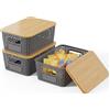 Shrivee Set di 3 5L Scatole portaoggetti di Plastica con Bambù Coperchio Impilabili Salvaspazio Storage Cestini per Bagno Cucina Armadio Ufficio