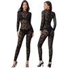 MAHUAOYIXI Tuta Donna Elegante Jumpsuit Manica Lunga Trasparente Ricamo Floreale Hollow Tuta Lunga in Pizzo Aderente Playsuit Sexy Lunghi Bodycon Rompers Bodysuit Tutina Skinny Pantaloni (Nero A, L)
