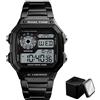 Nicoone Orologi da uomo, alla moda, digitale, cinturino in acciaio inox, impermeabile, elegante orologio da polso con scatola, Argento, Elegante e sportivo (Nero)