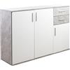 BAKAJI Madia Armadietto Armadio 3 Ante 2 Cassetti, Mobile Mobiletto Design Minimal Camera da Letto, Soggiorno, Arredamento Casa Ufficio, Resistente Robusto Multiuso (Cemento e Bianco)