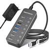 RSHTECH Hub USB C 3.2 a 7 porte attivo, con alimentatore di rete, hub USB 3.1 Gen2 con 3 porte da 10 Gbps (tipo A, 2 x Type-C), 3.0 5 Gbps (2 x Ty-A, 2 x Ty-C), cavo dati (100 cm), 15 W 5 V/3 A
