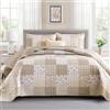 Mybedsoul Beige Boho Quilt Set King Size, 3 Pieces Plaid Floral Bedspread Set Patchwork Reversible Bedding Set Microfiber Bedding Bedspread Coverlet Set for All Season 90x104
