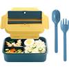 YAGGOOD Contenitore per il pranzo a prova di perdite, per bambini e adulti, contenitore per alimenti con 3 scomparti e set di posate, senza BPA, adatto al microonde e alla lavastoviglie (blu-giallo)